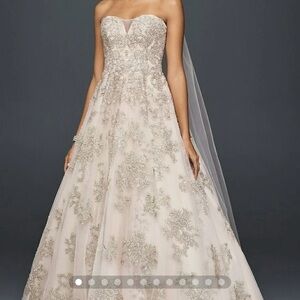 NWT Oleg Cassini Blush/ Metallic Applique Strapless A-line Wedding Gown - Size 6